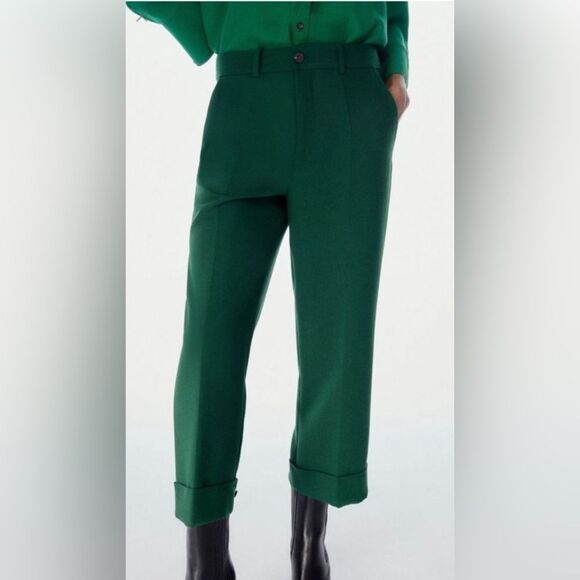 ZARA Wide Leg Cropped Cuffed Trouser Pants in Emerald Green size Small - Picture 14 of 16